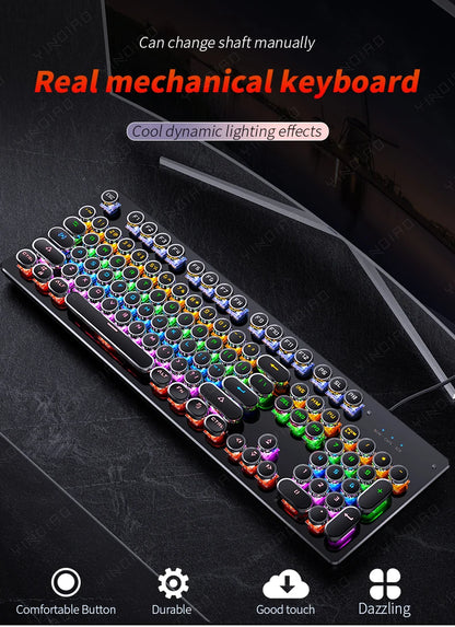 Teclado Mecânico Retro Punk com Switch Blue Black Brown, 104 Teclas, USB com Fio, Teclado Gaming com Retroiluminação RGB para PC, Portátil e Gamers