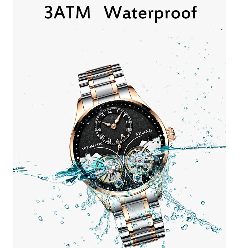 AILANG brandneue modische Double-Tourbillon-Uhr für Herren, Luxus-Edelstahl, wasserdicht, automatisch-mechanische Herrenuhr
