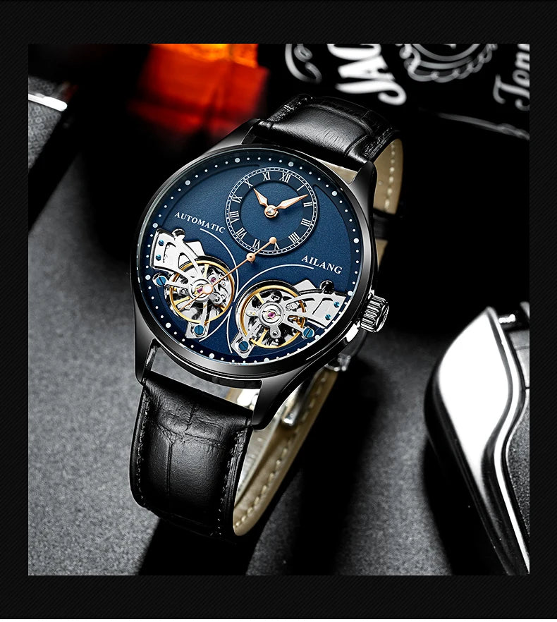 AILANG brandneue modische Double-Tourbillon-Uhr für Herren, Luxus-Edelstahl, wasserdicht, automatisch-mechanische Herrenuhr