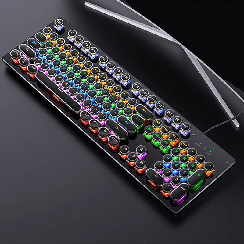 Teclado Mecânico Retro Punk com Switch Blue Black Brown, 104 Teclas, USB com Fio, Teclado Gaming com Retroiluminação RGB para PC, Portátil e Gamers
