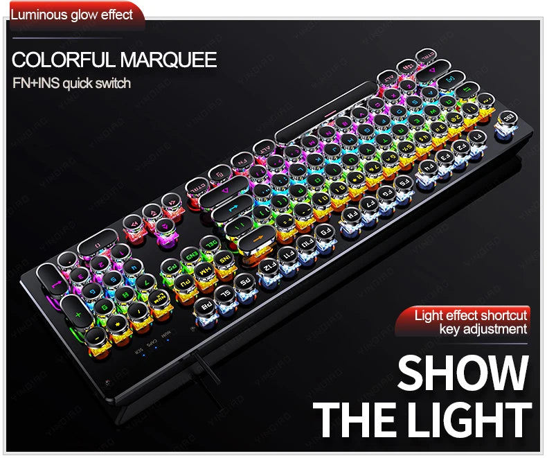 Teclado Mecânico Retro Punk com Switch Blue Black Brown, 104 Teclas, USB com Fio, Teclado Gaming com Retroiluminação RGB para PC, Portátil e Gamers