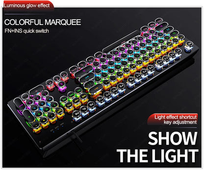 Teclado Mecânico Retro Punk com Switch Blue Black Brown, 104 Teclas, USB com Fio, Teclado Gaming com Retroiluminação RGB para PC, Portátil e Gamers