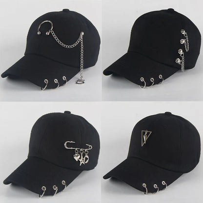Modische Hip-Hop-Baseballkappe aus Baumwolle, kreative Piercing-Ring-Kappen, Punk, lässig für Erwachsene, einfarbig, verstellbar, Unisex-Mütze, Snapback-Kappen