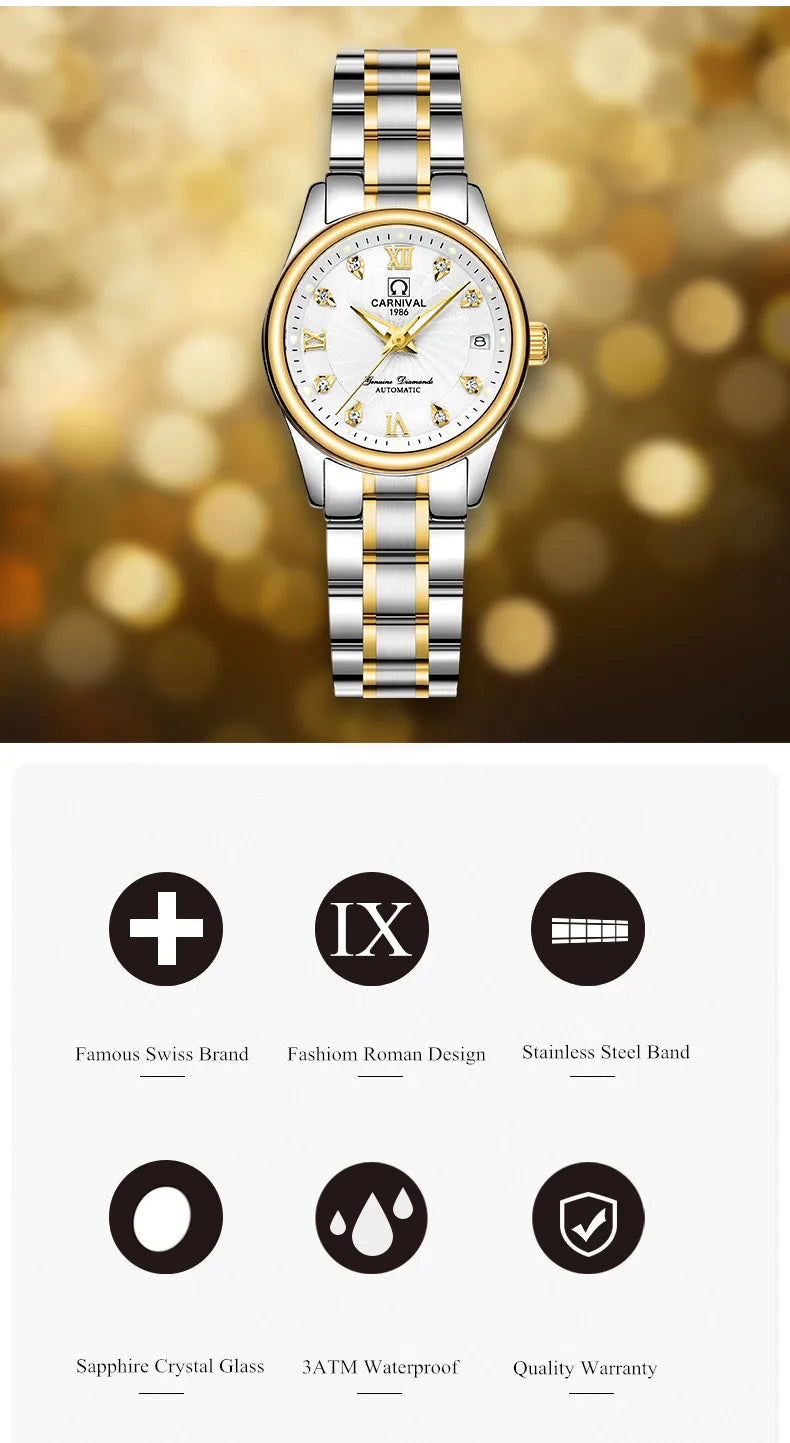 CARNIVAL Marken-Luxus-Automatikuhr für Damen, modische Armbanduhr mit Saphirglas, wasserdicht, Reloj Mujer