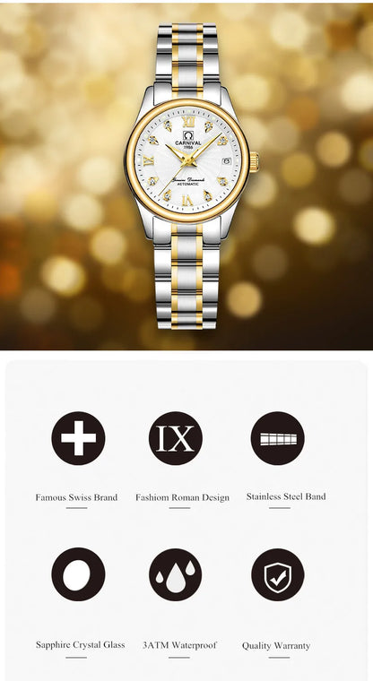 CARNIVAL Marken-Luxus-Automatikuhr für Damen, modische Armbanduhr mit Saphirglas, wasserdicht, Reloj Mujer