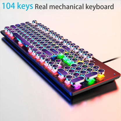 Teclado Mecânico Retro Punk com Switch Blue Black Brown, 104 Teclas, USB com Fio, Teclado Gaming com Retroiluminação RGB para PC, Portátil e Gamers