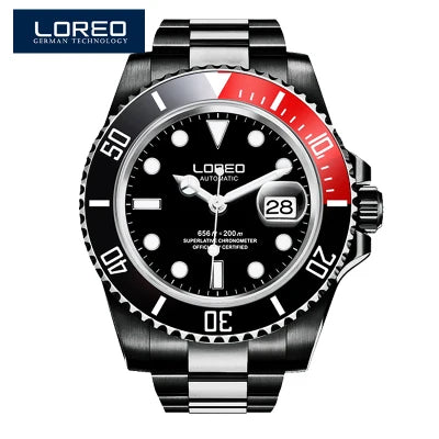 LOREO New Sapphire Glass Automatic Mechanical Watch Luxury Steel 200m Waterproof Business Watch Men Watches Reloj Hombre