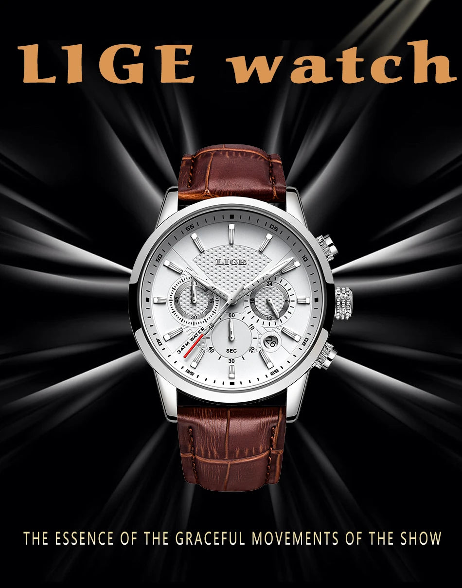 2025 New Men's Watches LIGE Top Brand Luxury Leather Casual Quartz Watch Men's Sport Waterproof Clock Watch Relogio Masculino+Box