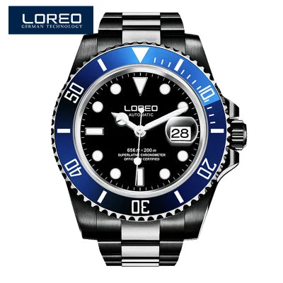 LOREO New Sapphire Glass Automatic Mechanical Watch Luxury Steel 200m Waterproof Business Watch Men Watches Reloj Hombre