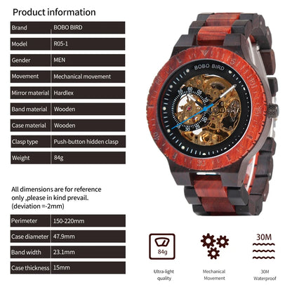 BOBO BIRD Wood Mechanical Watch Men Relogio Masculino Big Mens Watches Top Brand Luxury Timepieces erkek kol saati Dropshipping