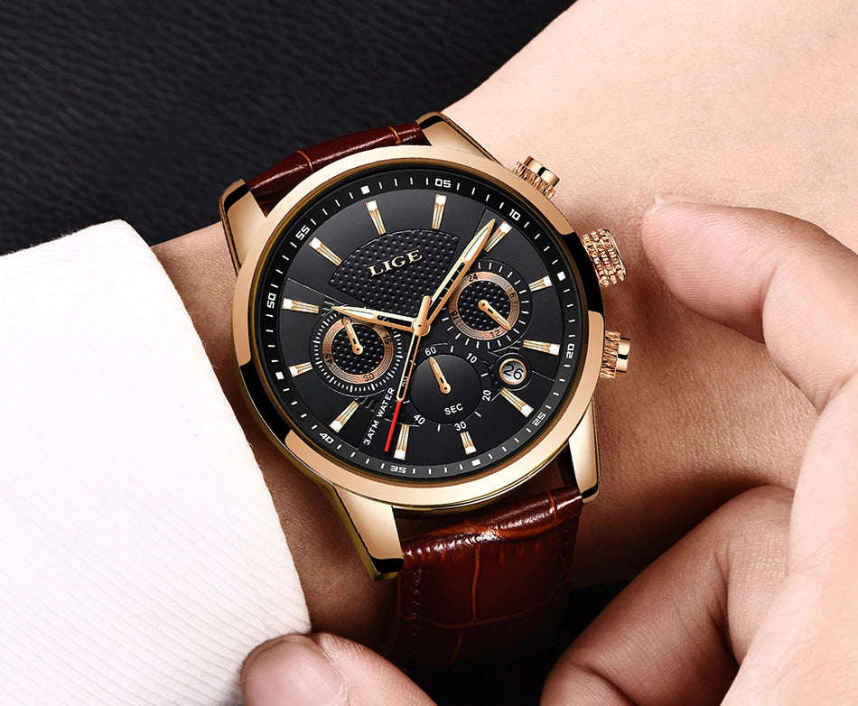 2025 New Men's Watches LIGE Top Brand Luxury Leather Casual Quartz Watch Men's Sport Waterproof Clock Watch Relogio Masculino+Box