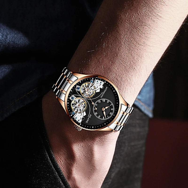 AILANG brandneue modische Double-Tourbillon-Uhr für Herren, Luxus-Edelstahl, wasserdicht, automatisch-mechanische Herrenuhr