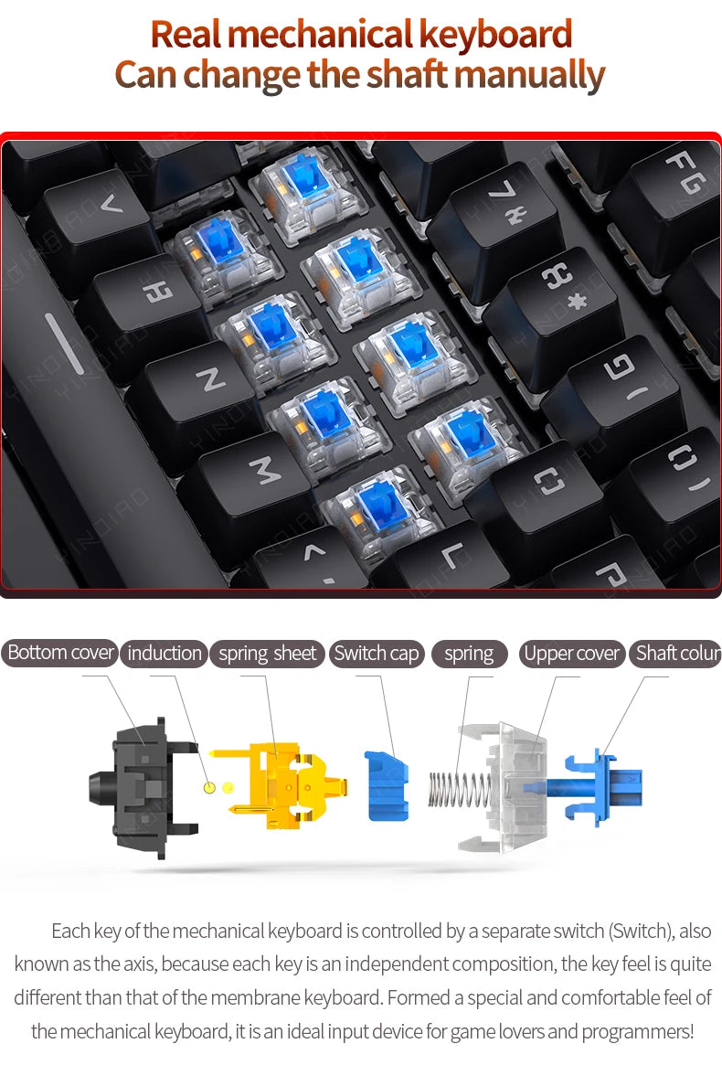 Teclado Mecânico Retro Punk com Switch Blue Black Brown, 104 Teclas, USB com Fio, Teclado Gaming com Retroiluminação RGB para PC, Portátil e Gamers