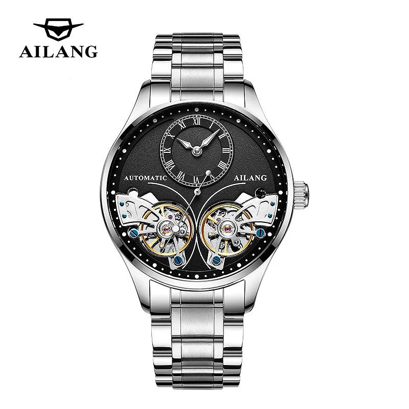 AILANG brandneue modische Double-Tourbillon-Uhr für Herren, Luxus-Edelstahl, wasserdicht, automatisch-mechanische Herrenuhr