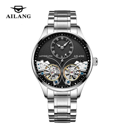 AILANG brandneue modische Double-Tourbillon-Uhr für Herren, Luxus-Edelstahl, wasserdicht, automatisch-mechanische Herrenuhr