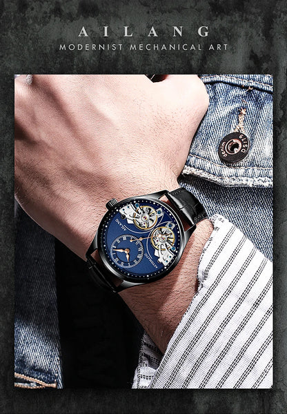 AILANG brandneue modische Double-Tourbillon-Uhr für Herren, Luxus-Edelstahl, wasserdicht, automatisch-mechanische Herrenuhr