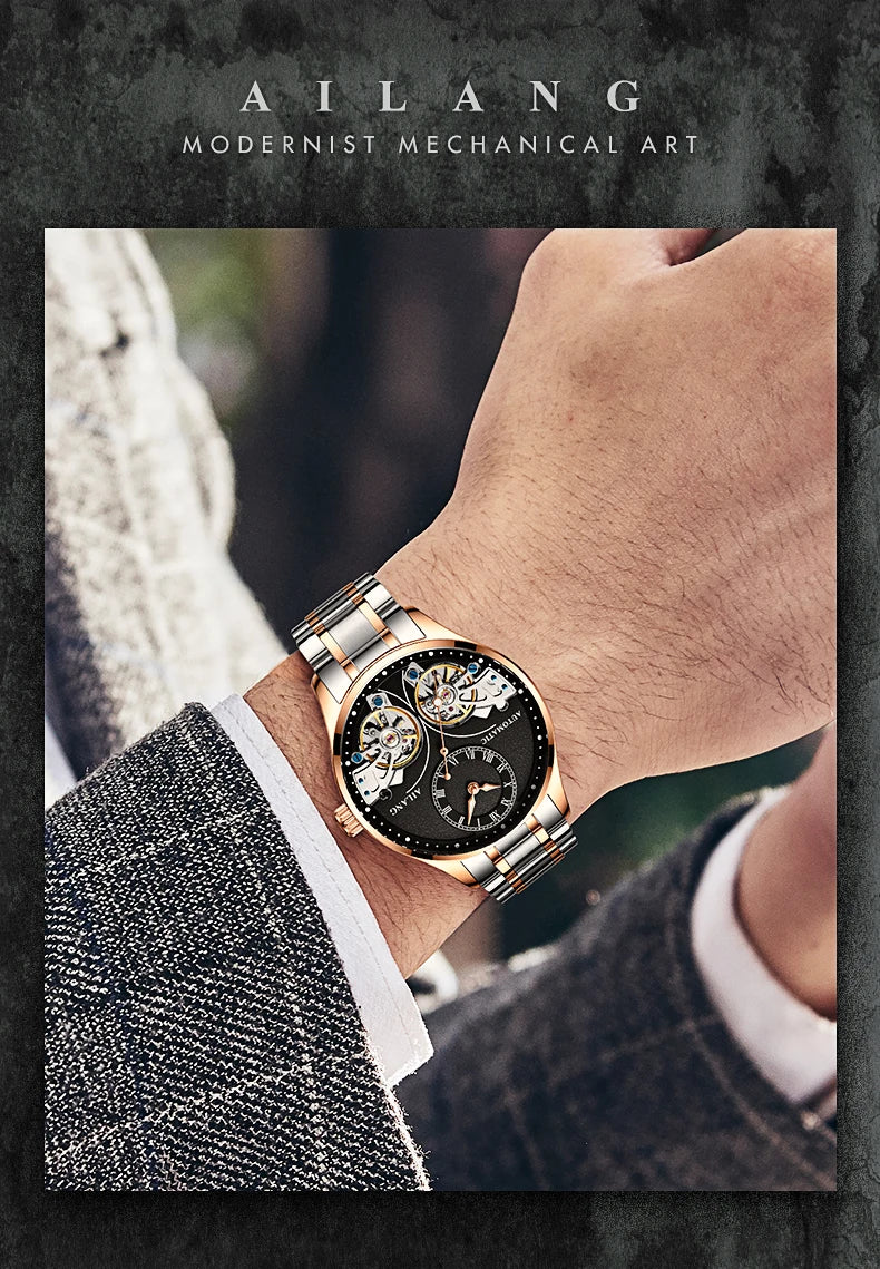 AILANG brandneue modische Double-Tourbillon-Uhr für Herren, Luxus-Edelstahl, wasserdicht, automatisch-mechanische Herrenuhr