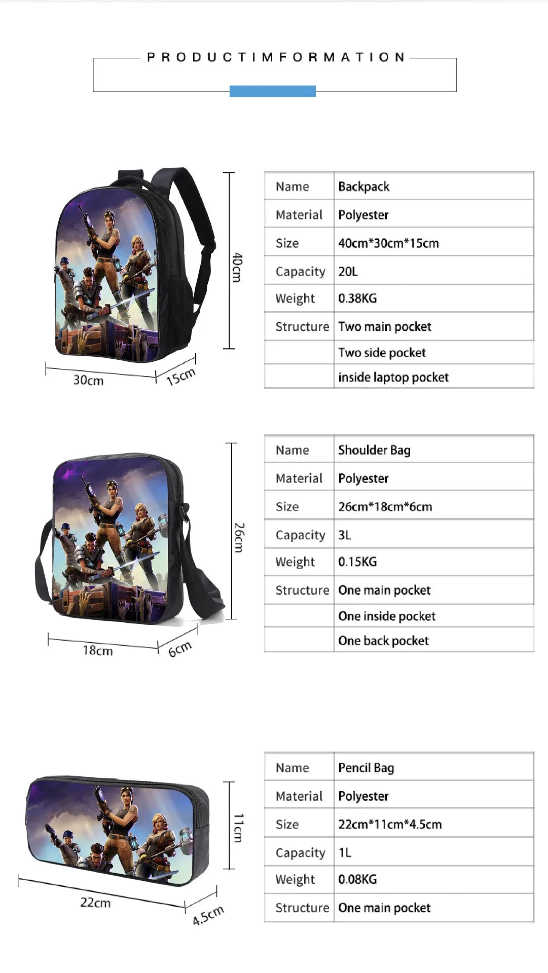 Fortnite Kids 3pcs Backpack Set Women Backpacks Office Stationery for Teenage Girls Boys Laptop Backpack Casual Travel Rucksack