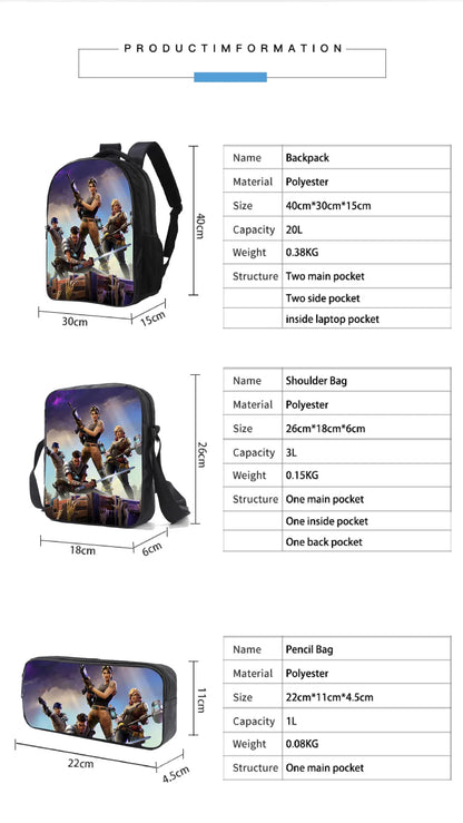 Fortnite Kids 3pcs Backpack Set Women Backpacks Office Stationery for Teenage Girls Boys Laptop Backpack Casual Travel Rucksack