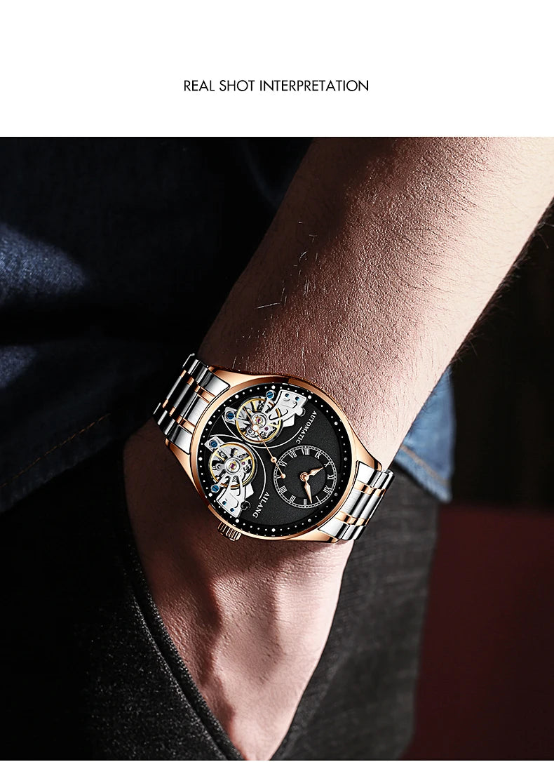 AILANG brandneue modische Double-Tourbillon-Uhr für Herren, Luxus-Edelstahl, wasserdicht, automatisch-mechanische Herrenuhr