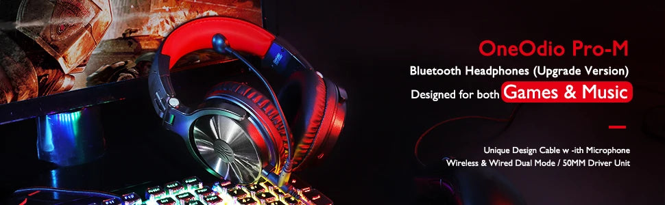 OneOdio 110H kabelloses Bluetooth 5.2 Gaming-Headset – 110H Akkulaufzeit, Over-Ear-Kopfhörer mit tiefem Bass und Mikrofon, kabelgebundenes & kabelloses 2-in-1-Headset für PC und PS4