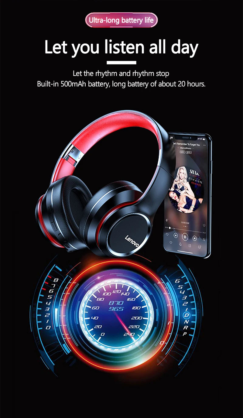Lenovo HD200 kabellose Bluetooth-Over-Ear-Kopfhörer – geräuschunterdrückendes HiFi-Stereo-Gaming-Headset mit Mikrofon