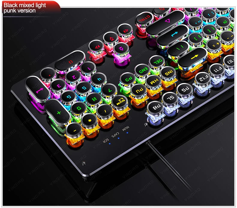 Teclado Mecânico Retro Punk com Switch Blue Black Brown, 104 Teclas, USB com Fio, Teclado Gaming com Retroiluminação RGB para PC, Portátil e Gamers