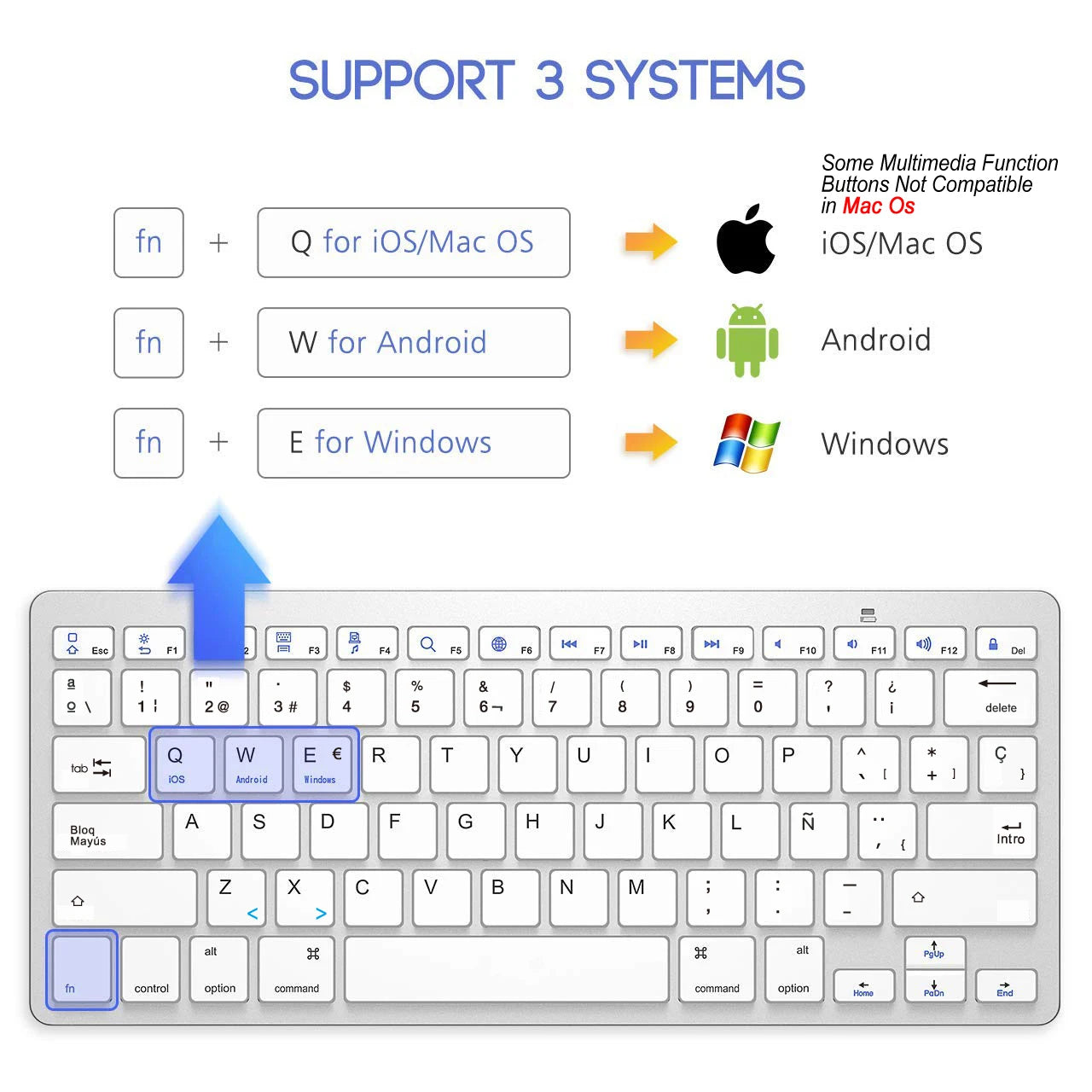 Portable Spanish Bluetooth Keyboard Light Slim Wireless Keyboard for Mac iPad iPhone iOS Android Windows Smart TV