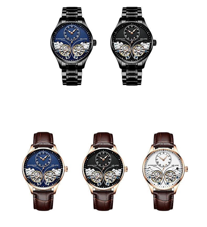 AILANG brandneue modische Double-Tourbillon-Uhr für Herren, Luxus-Edelstahl, wasserdicht, automatisch-mechanische Herrenuhr