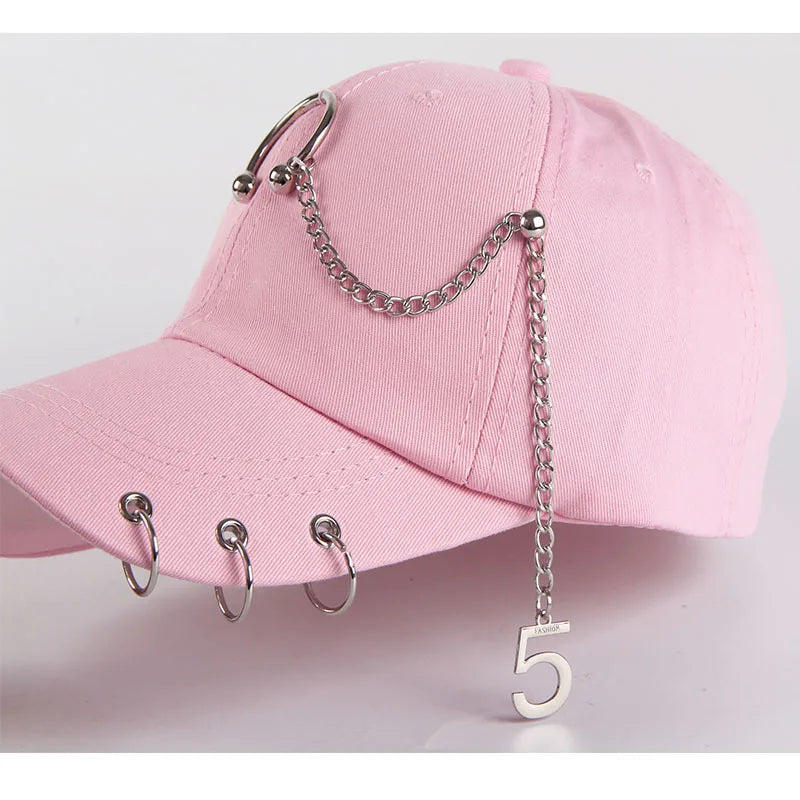 Modische Hip-Hop-Baseballkappe aus Baumwolle, kreative Piercing-Ring-Kappen, Punk, lässig für Erwachsene, einfarbig, verstellbar, Unisex-Mütze, Snapback-Kappen