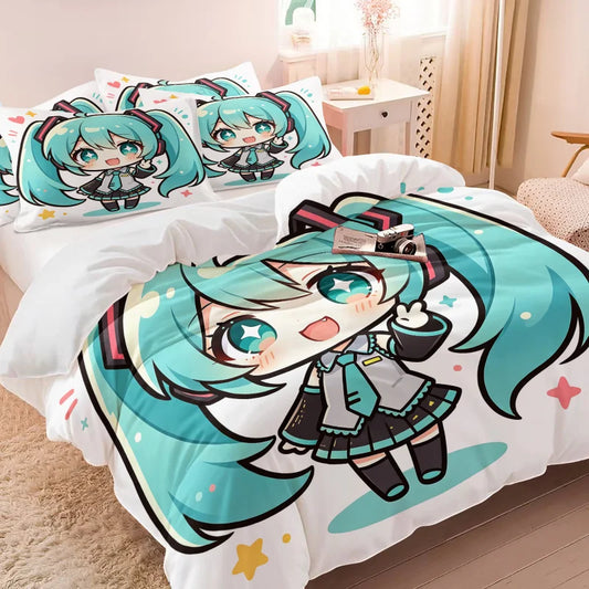Juego de funda nórdica Hatsune Miku estilo chibi, ropa de cama anime adorable con fundas de almohada, decoración para habitación gaming, adolescentes y niños, regalo para fans