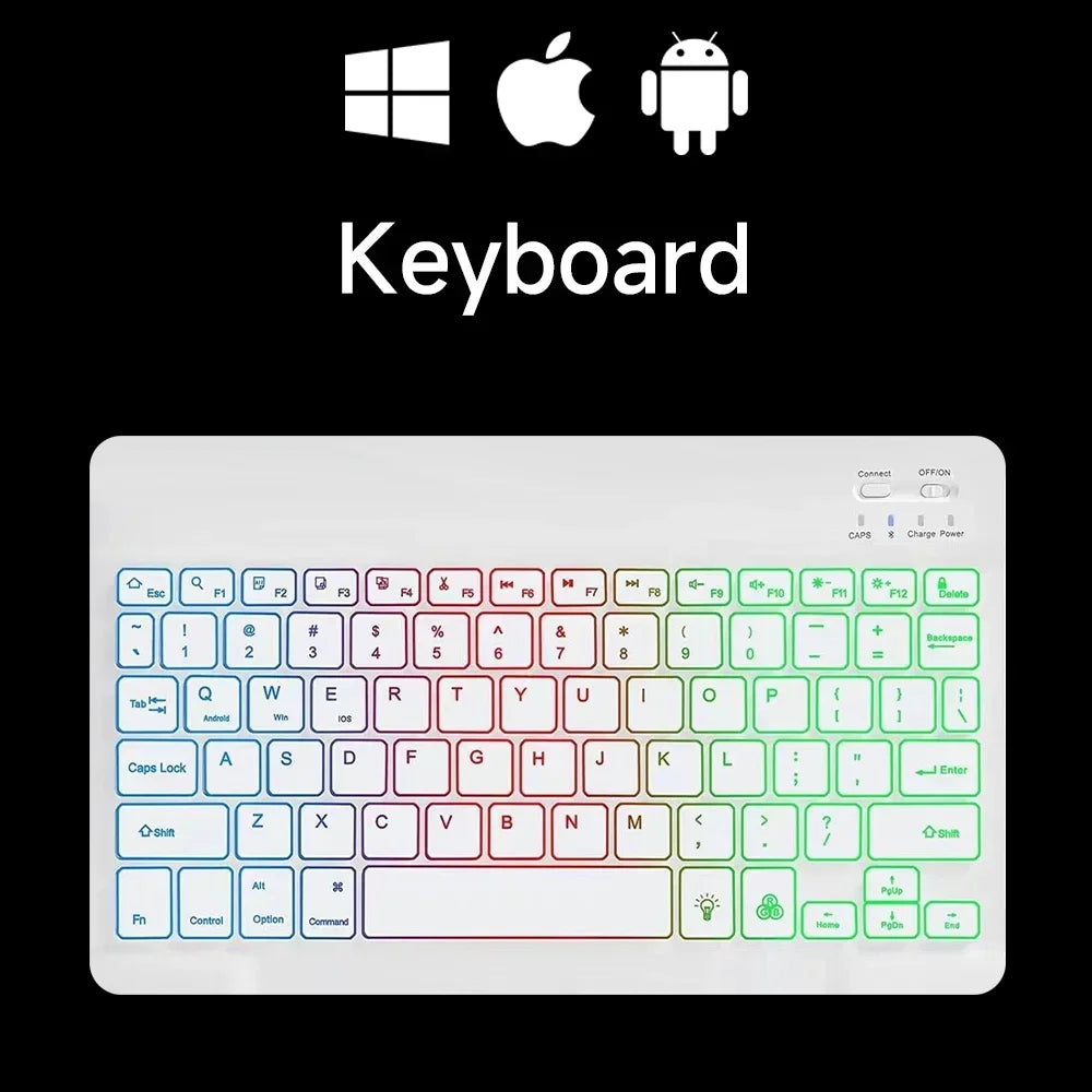 Mini teclado Bluetooth RGB retroiluminado de 10 polegadas com rato sem fios recarregável para espanhol, russo, hebraico, coreano, francês, árabe e português de Portugal