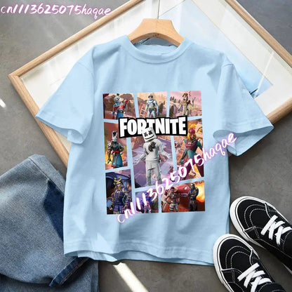 T-shirt azul de algodão Fortnite para criança, camisola de manga curta Fortress Night para bebé, top kawaii com desenho animado para menino e menina, roupa de verão, prenda