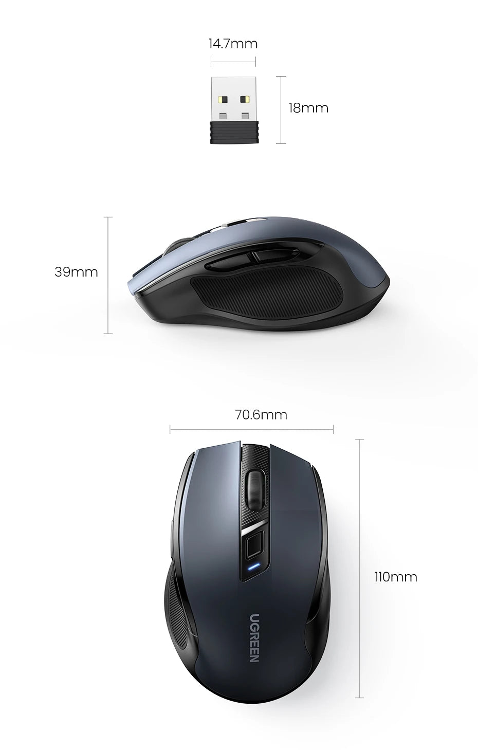 UGREEN kabellose Maus Bluetooth 5.0, ergonomische Maus 4000DPI mit 6 leisen Tasten, für MacBook, Tablet, Laptops, Computer, PC, 2.4G-Maus