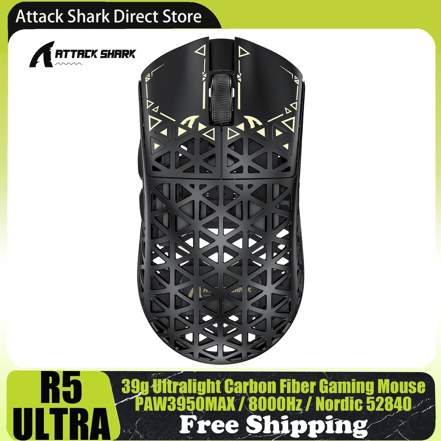 Rato Gaming Sem Fios ATTACK SHARK R5 Ultra Carbon Fiber, Sensor Gaming PixArt PAW3950MAX, 42000DPI, 8000Hz, MCU Nordic 52840