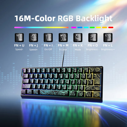 60% compact wired keyboard with RGB backlighting and gradient keycaps suitable for Windows tablets, laptops, and gamers.
