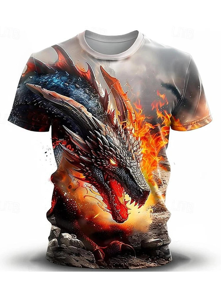 2024 zomer streetstyle heren-T-shirt, urban everyday casual top met korte mouwen, 3D-drakenprint, outdoor heren-T-shirt