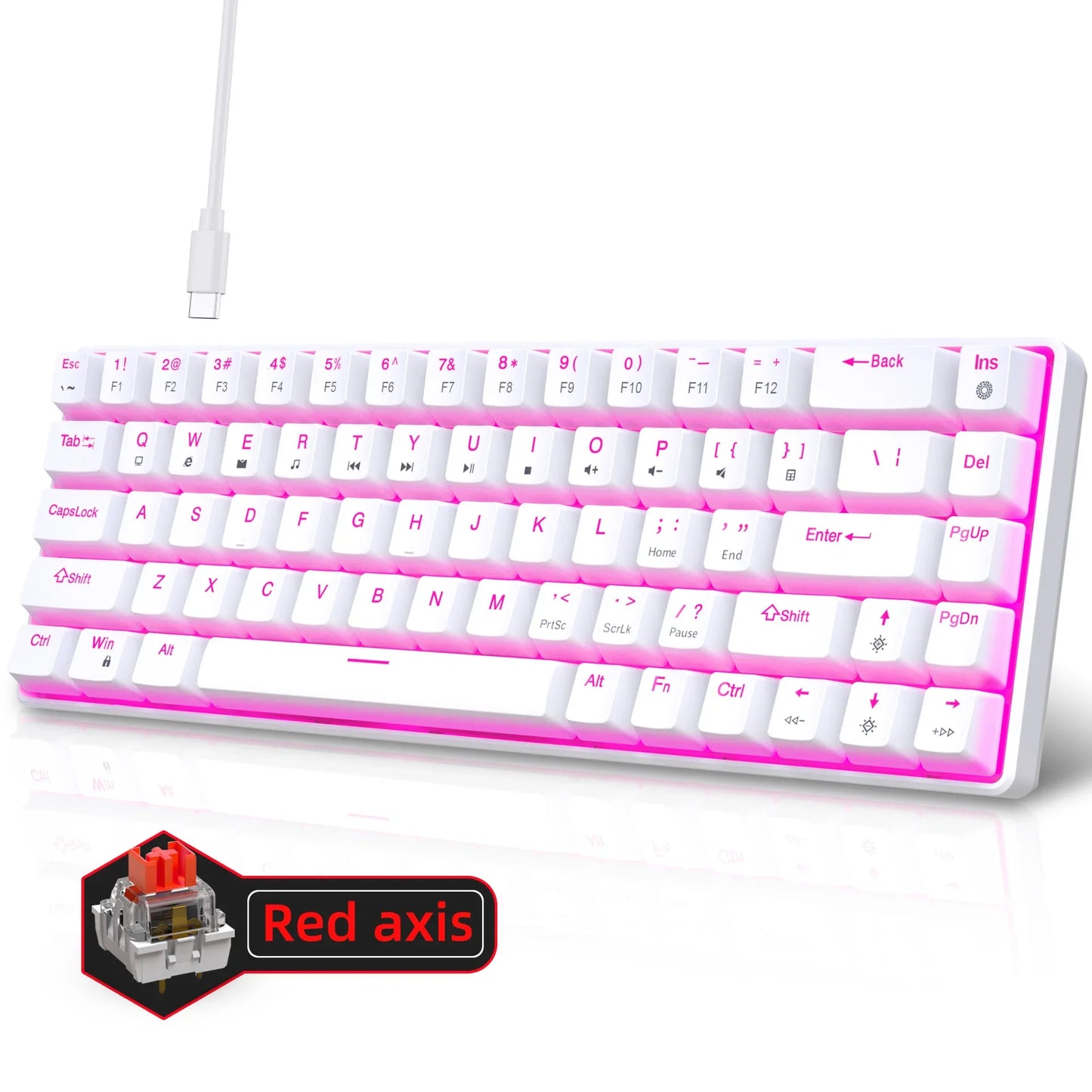 Teclado mecânico gaming 60% USB com teclas brancas, mini teclado gamer ergonómico para computador, retroiluminado, música, teclado para PC