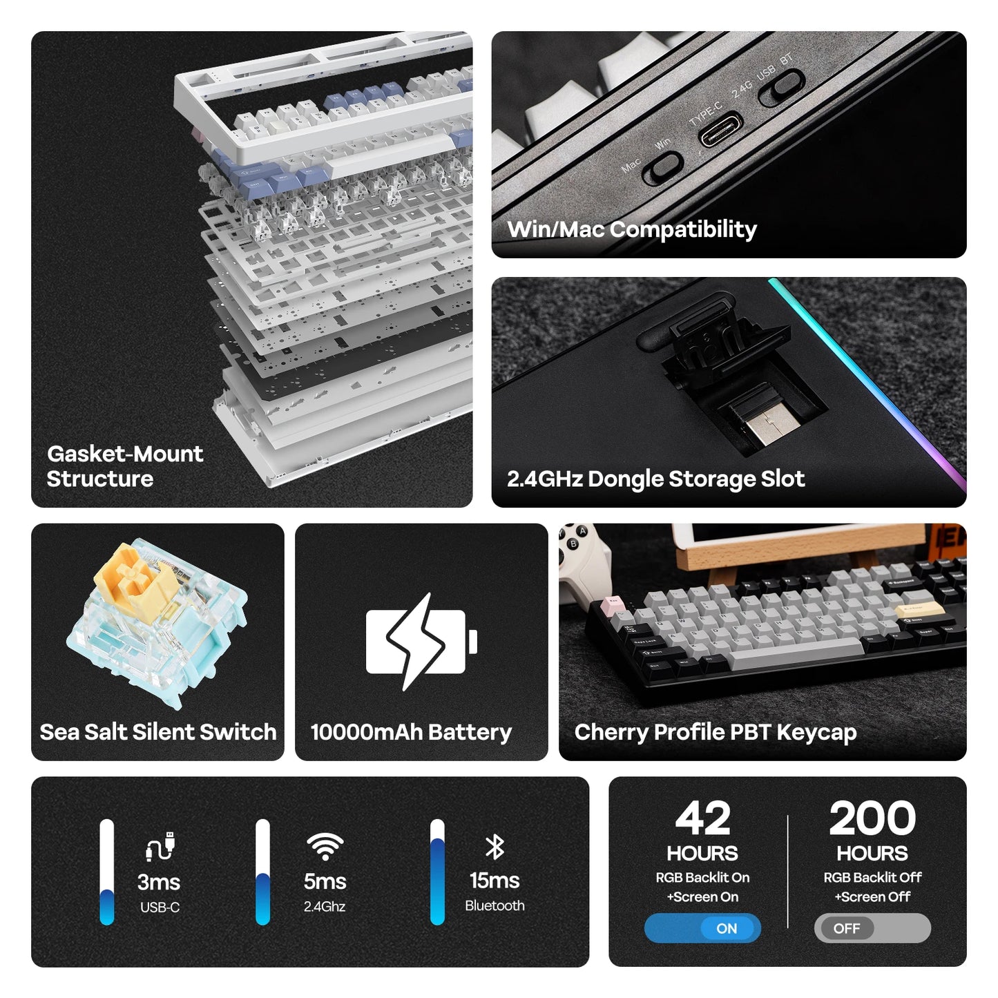 Teclado Mecânico EPOMAKER TH108 PRO 100% Full-Size Hot-Swap com Fio/BT/2.4Ghz sem Fios, Ecrã, Botão Rotativo e Bateria de 10000mAh