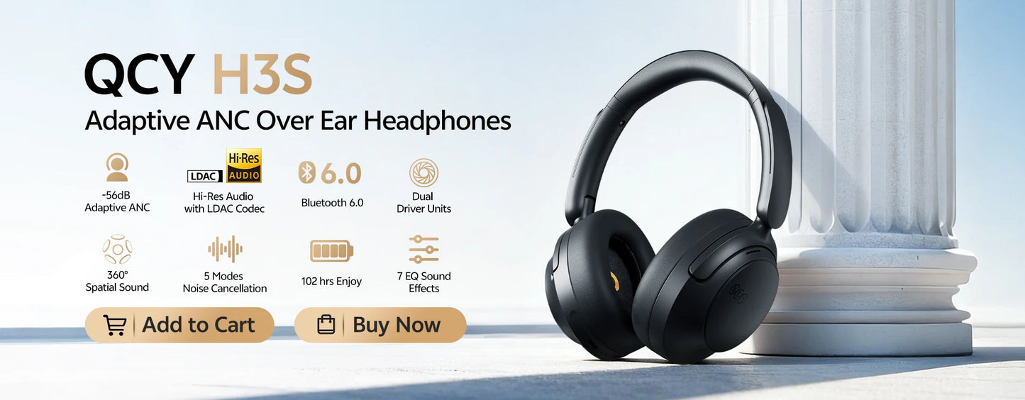Cuffie Bluetooth 6.0 Over-Ear QCY H3S con ANC adattivo -56dB – Headset wireless Hi-Res LDAC, batteria 102H, audio spaziale Dual Driver