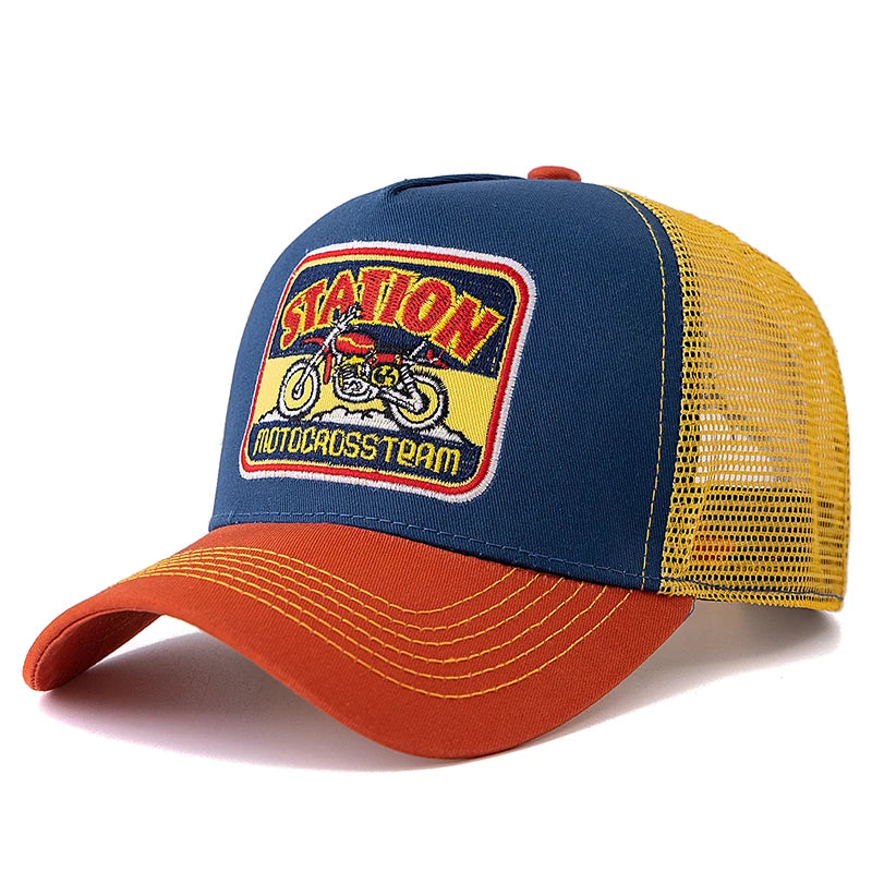 Unisex καπέλο Trucker με πλέγμα, κλασικό μοτίβο μοτοσικλέτας, αναπνεύσιμο καλοκαιρινό καπέλο μπέιζμπολ, καπέλο streetwear για άνδρες και γυναίκες
