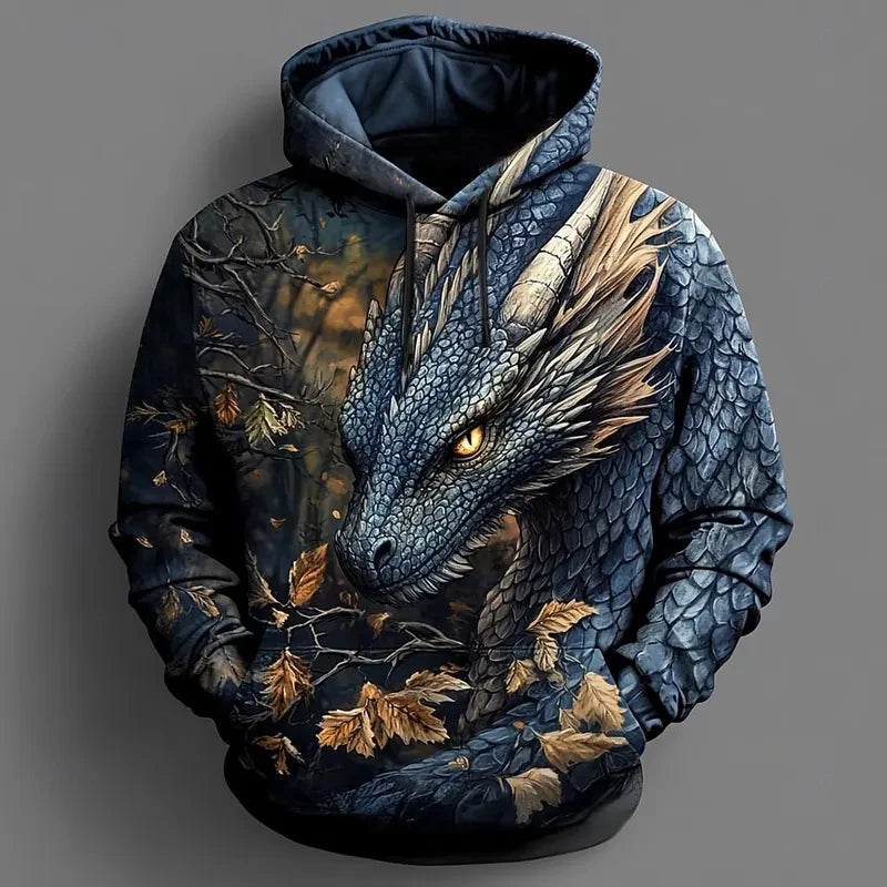 Herren-Hoodie mit Retro-Drachenmuster, 3D-Print, kreativem Design, langen Ärmeln, lässiger Pullover, modisch, cool, Oversize, atmungsaktive Kleidung