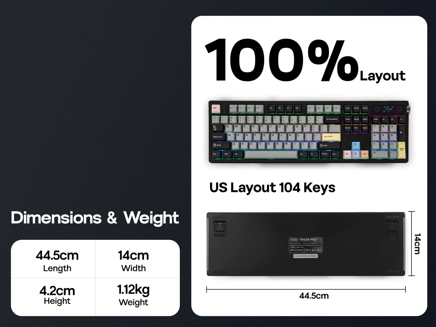 Teclado Mecânico EPOMAKER TH108 PRO 100% Full-Size Hot-Swap com Fio/BT/2.4Ghz sem Fios, Ecrã, Botão Rotativo e Bateria de 10000mAh