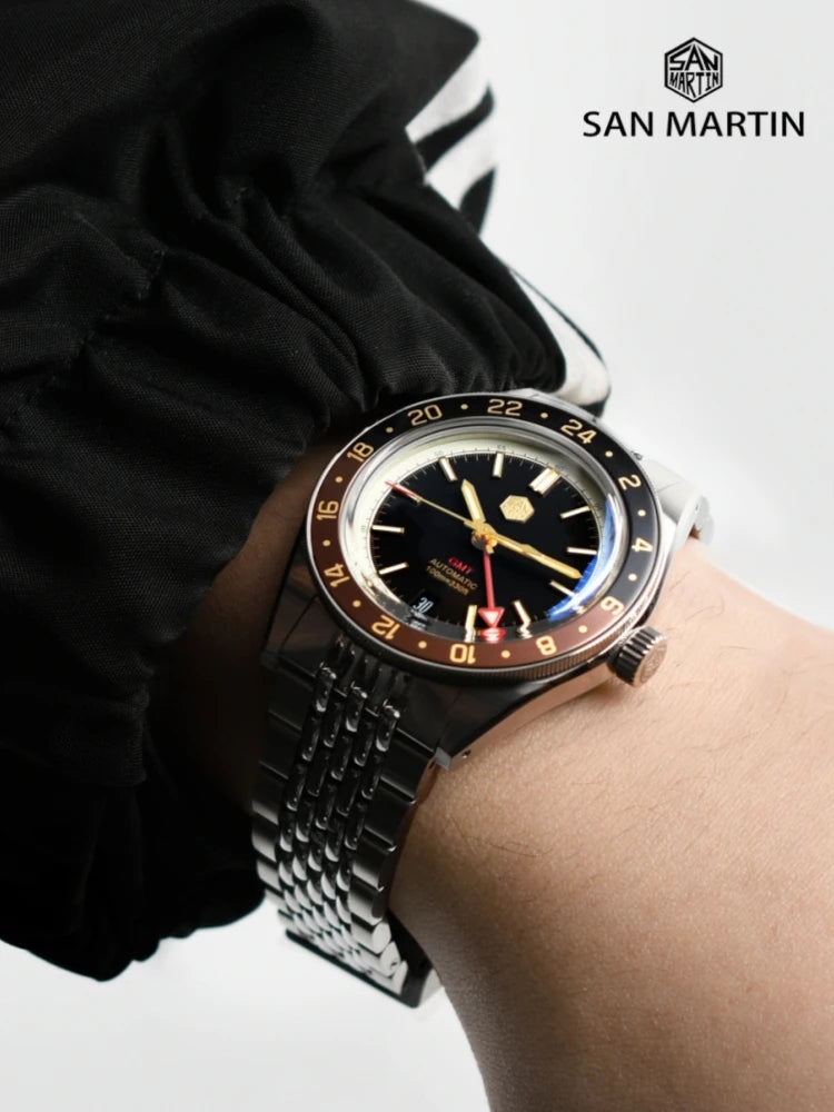 Orologio da uomo automatico San Martin 39.5mm Limited Edition con quadrante Full Lume, NH34 GMT, data a ore 6, 10Bar, Kol Saati di lusso SN0116W
