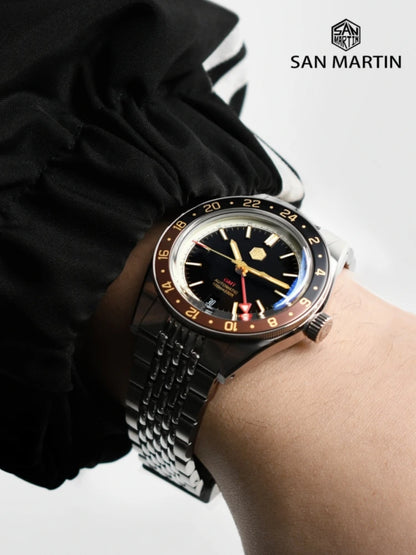 Orologio da uomo automatico San Martin 39.5mm Limited Edition con quadrante Full Lume, NH34 GMT, data a ore 6, 10Bar, Kol Saati di lusso SN0116W