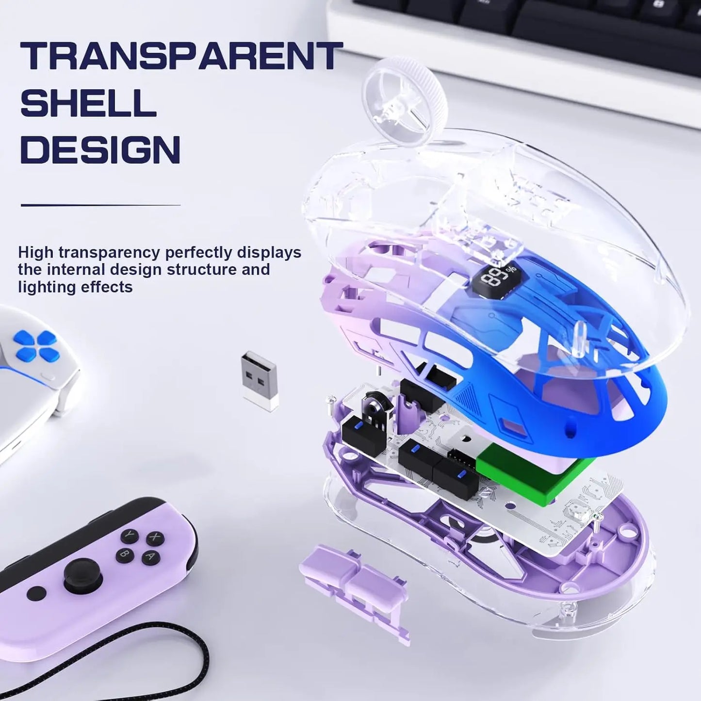 A2 transparente kabellose Gaming-Maus, BT 5.0/2.4G, wiederaufladbare RGB-Maus für PC mit digitalem Display, PixArt 3212, 5 einstellbare DPI