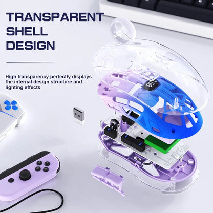 A2 transparente kabellose Gaming-Maus, BT 5.0/2.4G, wiederaufladbare RGB-Maus für PC mit digitalem Display, PixArt 3212, 5 einstellbare DPI