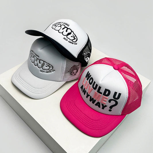 Gorras de béisbol unisex nuevas con bloques de color, letras estampadas y bordadas, estilo hip hop, malla transpirable, visera para el sol, tipo trucker streetwear, versátiles