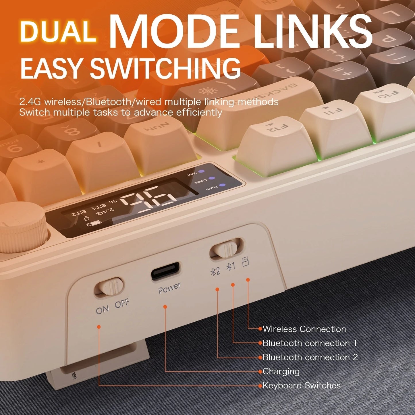 M96 Bluetooth Wireless Keyboard FREEWOLF Digital Display, RGB Backlight, 2000mAh Battery & PBT Keycaps for PC/Laptop