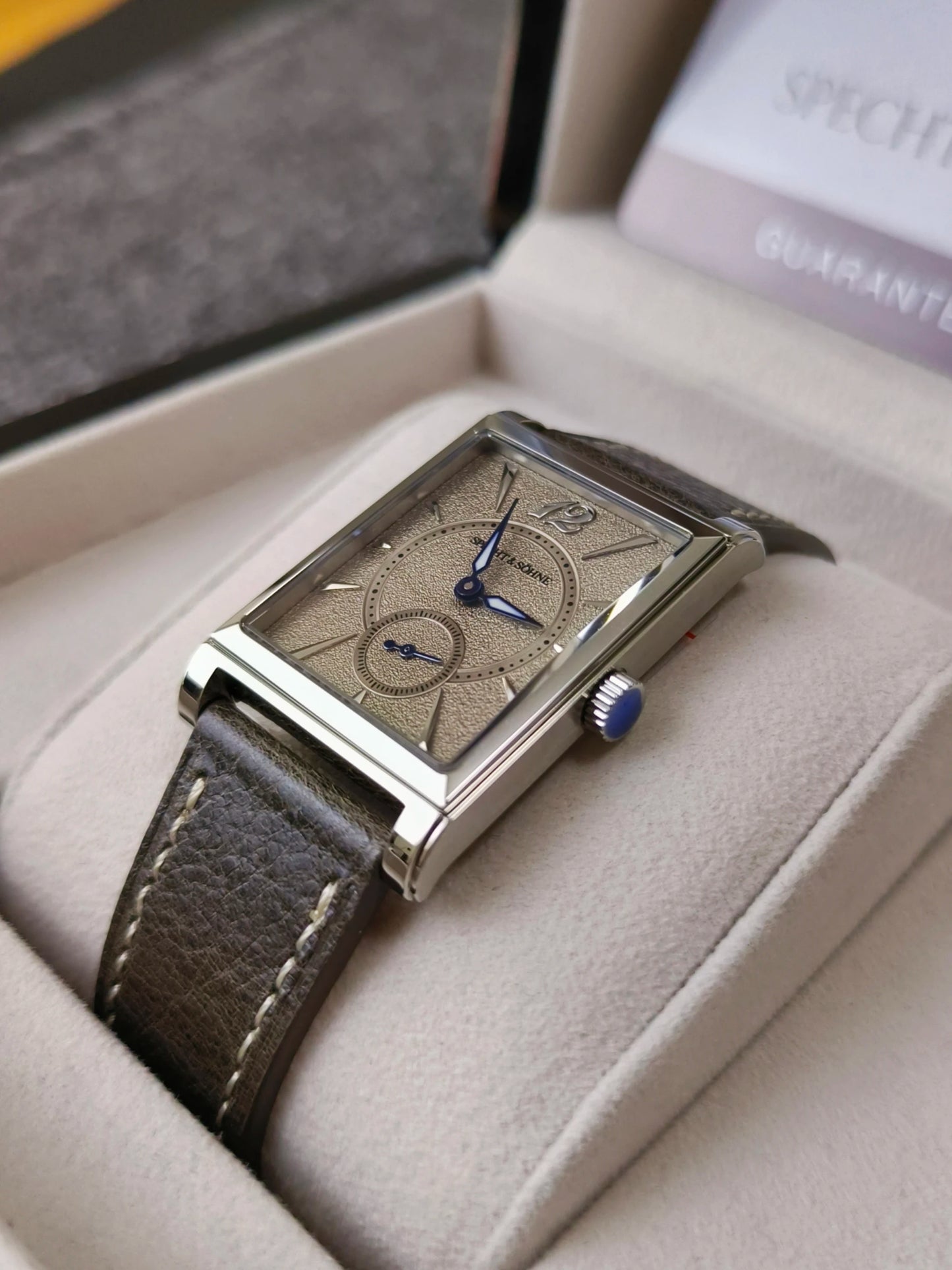 2026 Specht&Söhne Ultra Thin 7.5mm Rectangular Watch Japan Quartz Movement Small Seconds Sandblasted Dial Grey Leather Strap Watch